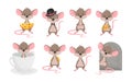 Set a cute mouse in different situations. Animals cartoon character rat vector illustration on white background. Royalty Free Stock Photo