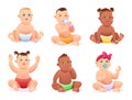 Set of cute multi-ethnic baby boys and girls with diapers in various poses Royalty Free Stock Photo