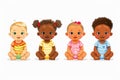 Set of 4 cute Multi-ethnic cartun little baby boy and girl