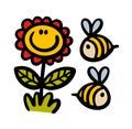 Set of cute nater elements happy flower and cartoon bugs bee.