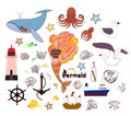 Set of cute nautical elements. Vector hand drawn Royalty Free Stock Photo