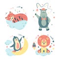 Set of cute nursery vector illustration in cartoon style. Penguin rides on the moon; red panda sleeps on cloud; hippo; lion with