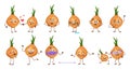 Set of cute onion characters with emotions isolated on white background. The funny or sad heroes, vegetables have play, fall in