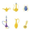Set with a cute oriental beauty and a magic lamp. Golden treasures lamp, vessel, decanter and hookah