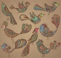 Set of cute ornamental hand drawn birds