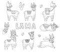 Set of cute outline doodle llamas. Hand drawn elements