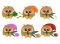 Set of cute owls with different symbols in their beak. Bright good-natured cartoon characters. Vector collection Royalty Free Stock Photo