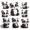 Set of cute panda cartoon character. Vector illustration isolated on white background Royalty Free Stock Photo