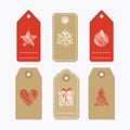 Set of cute paper gift tags, labels with textured christmas symbols, isolated s