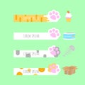 Set of cute pastel with animal pet cat foot print paw, cat food can, box, cake and fish bone Royalty Free Stock Photo