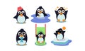 Flat vector set of cute penguin in different actions Funny cartoon character. Element for mobile game Royalty Free Stock Photo