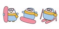 Set of cute penguin wear scarf and glasses playing snowboard in various poses