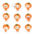 Set of cute persimmon cartoon characters with various activities and emotions