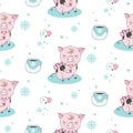 Set of cute pig cartoon seamless characters pattern. Chinese symbol of the 2019 year. Happy New Year. Cute funny piggy Royalty Free Stock Photo