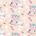 Set of cute pig cartoon seamless characters pattern. Chinese symbol of the 2019 year. Happy New Year. Cute funny piggy Royalty Free Stock Photo