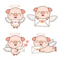 Set of cute pig with envelope and heart Royalty Free Stock Photo