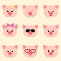 Set of cute piggy face different emotions in cartoon style.