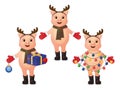 Set of cute pigs with deer horns, garland, gift and tree Royalty Free Stock Photo