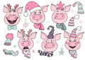 Set of cute pigs with emotions of joy and happiness