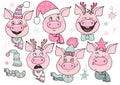 Set of cute pigs with emotions of joy and happiness