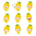 Set of cute pineapple cartoon characters with various activities and emotions