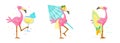 Set Cute Pink Flamingo Drink Cocktail, Carry Umbrella and Surf Board. Cartoon Character Summer Vacation