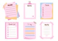 Set of cute pink memo paper sheets, sticky note, reminder, to do list.