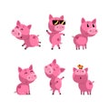 Set of cute pink pigs in various poses. Funny farm baby animals cartoon characters vector illustration Royalty Free Stock Photo