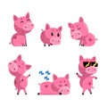 Set of cute pink pigs in various poses. Funny livestock animals cartoon characters vector illustration Royalty Free Stock Photo