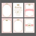 A set of cute pink templates for invitations. Vintage gold frame with crown. A little princess party.