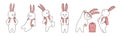 Set of cute pink vector bunnies. Hand drawn cartoon bunny with backpack in school. Cute character design. Rabbit schoolbgirl in fu