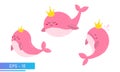 Set of cute pink whale in delicate pink colors and a golden crown on his head. Proud and sweet. Vector illustration.