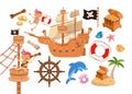 Set of cute pirate, ship, island with palm tree, chest of gold, animals.