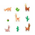 Set of cute pixel art lamas and cacti on white background