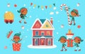 Set of cute playful Christmas elves. Collection of cute Santa Claus helpers