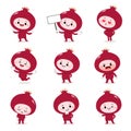 Set of cute pomegranate cartoon characters with various activities and emotions