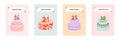 Set of cute postcard for Happy Birthday. Trendy and minimalistic posters with lettering and hand drawn illustration about birthday