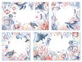 Set of cute postcards with sea animals. Collection of postcards with starfish, whale, crab, jellyfish, coral, fish, turtle.