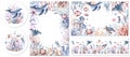 Set of cute postcards with sea animals. Collection of postcards with starfish, whale, crab, jellyfish, coral, fish, turtle.