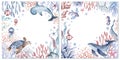 Set of cute postcards with sea animals. Collection of postcards with starfish, whale, crab, jellyfish, coral, fish, turtle.