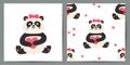 Set of cute poster and seamless pattern with pandas.