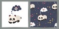 Set of cute poster and seamless pattern with pandas.