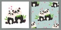 Set of cute poster and seamless pattern with pandas