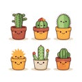 Set of cute potted cacti with smiling faces. Kawaii indoor plants in cheerful colors display happy emotions. Home decor