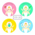 Set of cute pretty girl cosmetic make up and beauty spa skin care flat character design,cartoon infographic