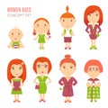 Set of cute pretty women age flat icons