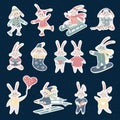 Set of cute printable rabbits stickers. Chinese symbol of the new year 2023.