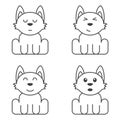 A set of cute puppies with different faces for self-coloring. Surprised, contented, brooding and happy dog. Isolated