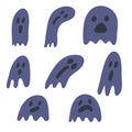 Set of cute purple cartoon ghost poltergeist hand drawn, ghosts for halloween design