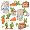 Set cute rabbit cart carrots box bucket and spade butterflies sketch black outline different elements isolated